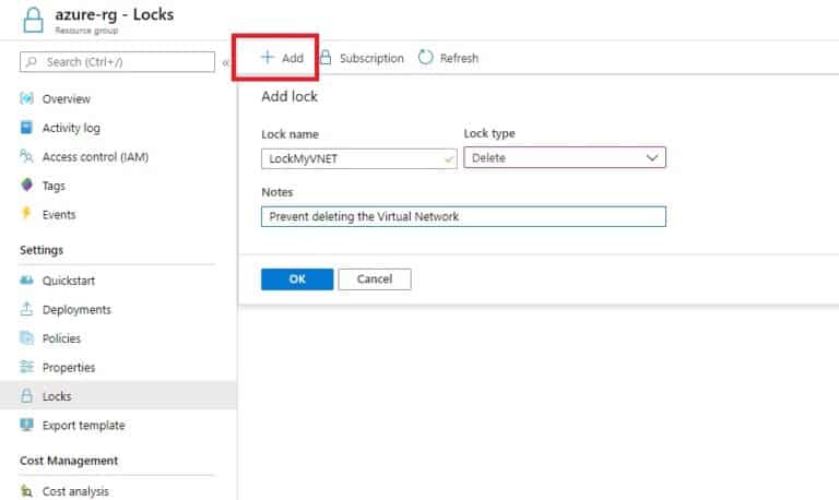 Add a lock to an Azure Resource Group