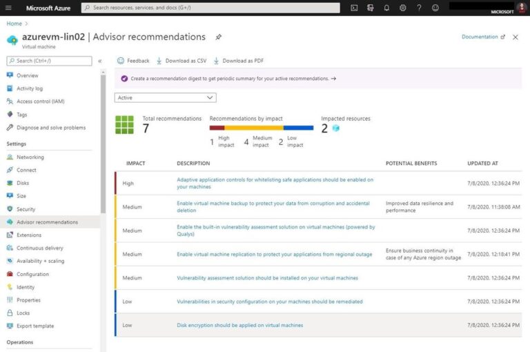 Azure Advisor recommendations for Azure VMs