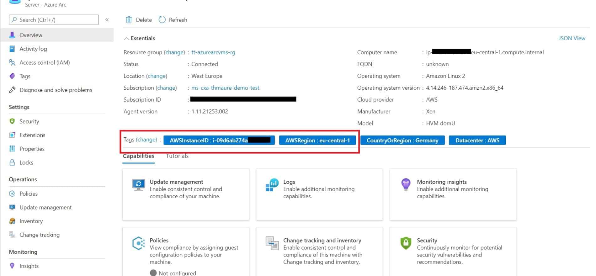 Azure Arc enabled Server AWS Linux machine with automatic tags