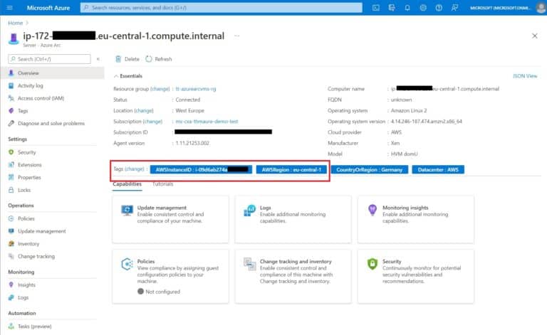 Azure Arc enabled Server AWS Linux machine with automatic tags