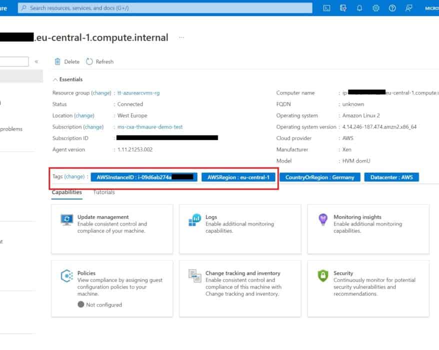 Azure Arc enabled Server AWS Linux machine with automatic tags