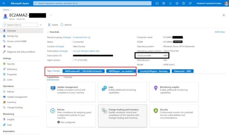 Azure Arc enabled Server AWS Windows Server machine with automatic tags