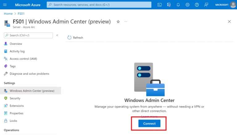 Azure Arc enabled Server connect Windows Admin Center