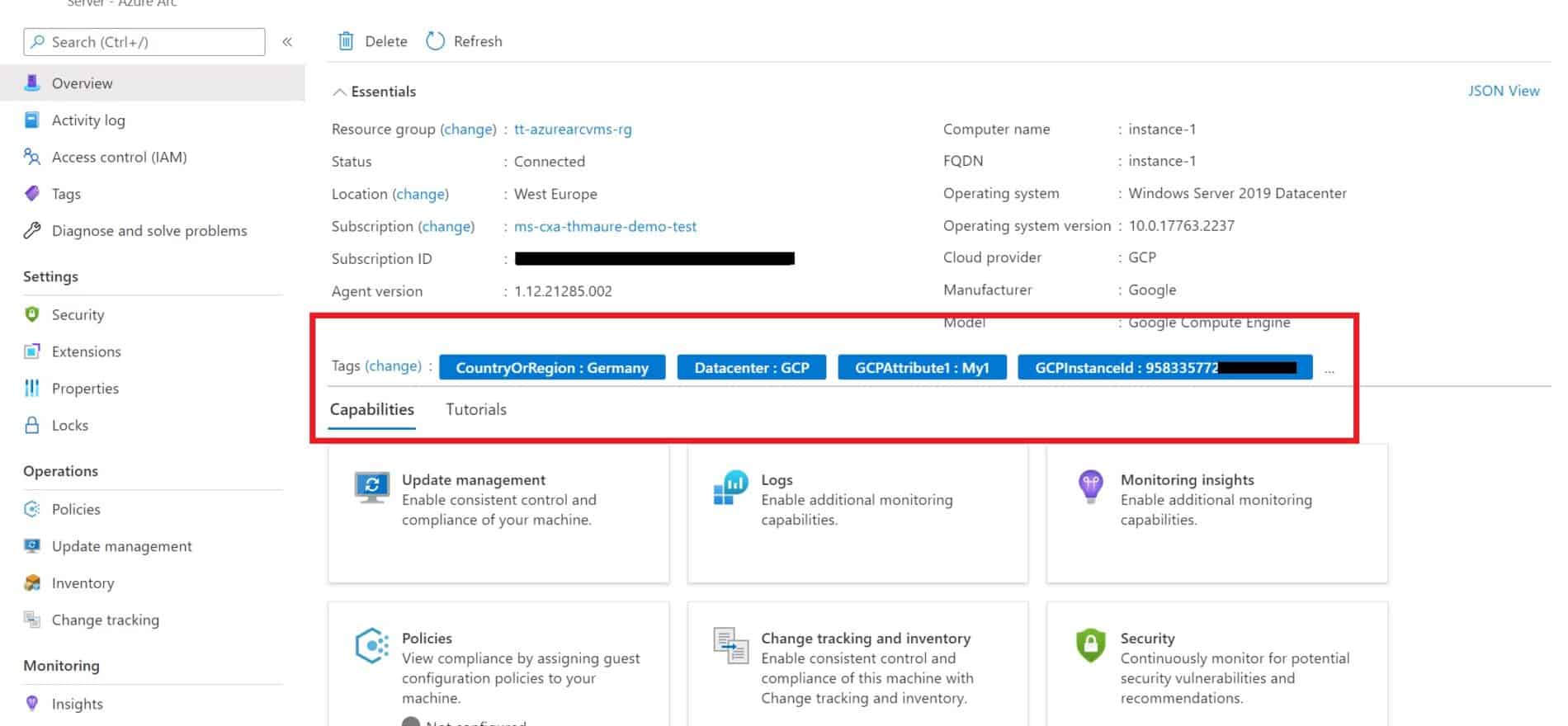 Azure Arc enabled Server GCP VM Instance Windows Server machine with automatic tags