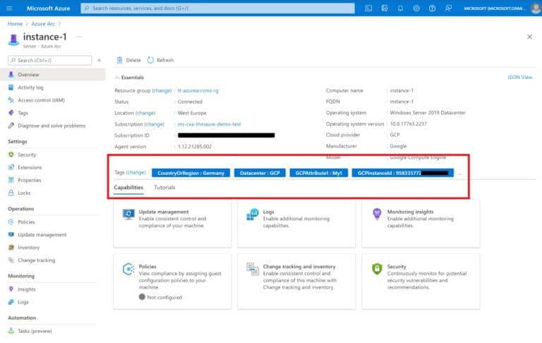 Azure Arc enabled Server GCP VM Instance Windows Server machine with automatic tags