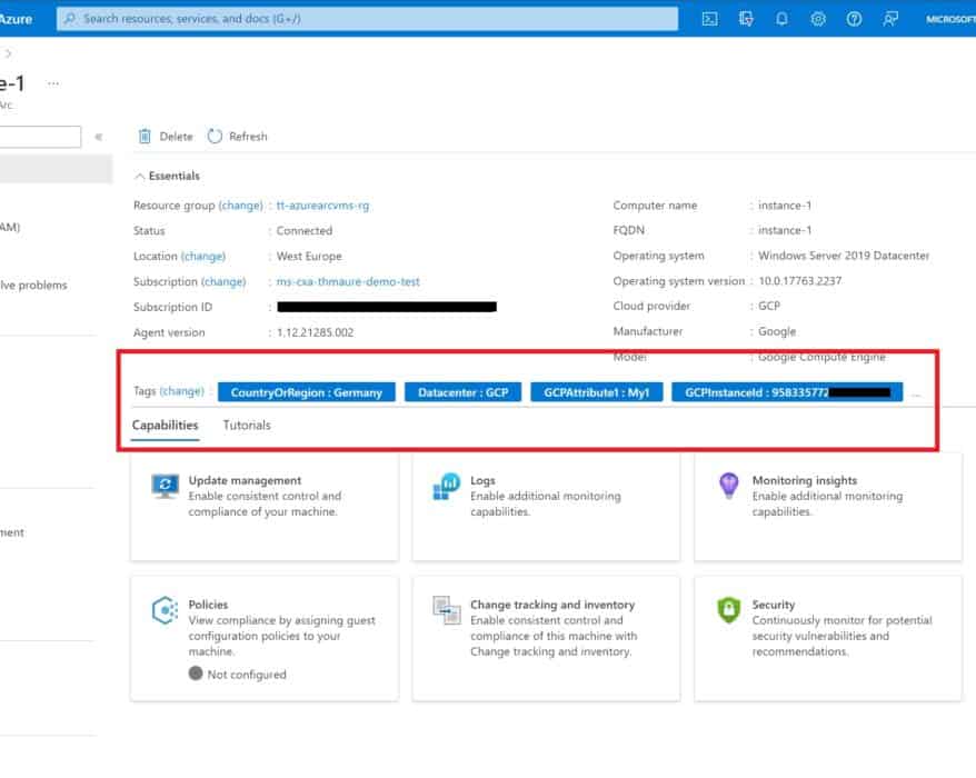 Azure Arc enabled Server GCP VM Instance Windows Server machine with automatic tags