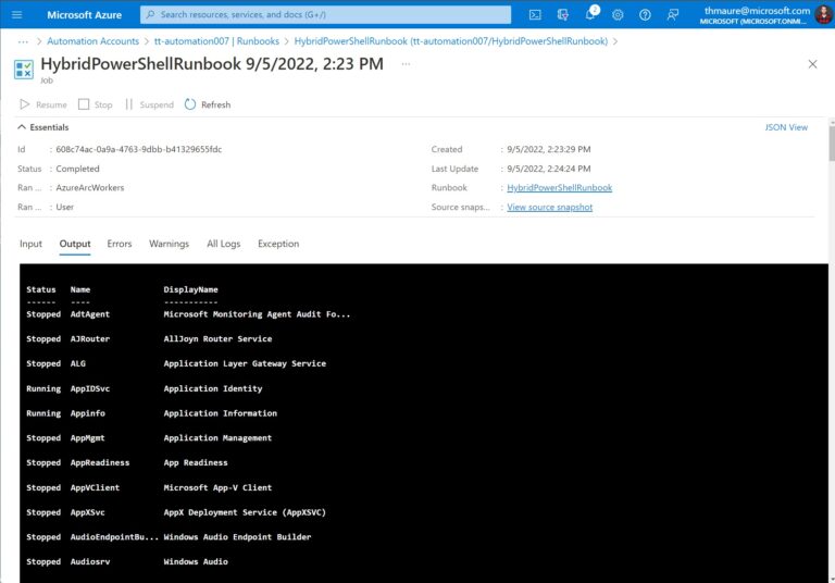 Azure Arc Hybrid Runbook Output