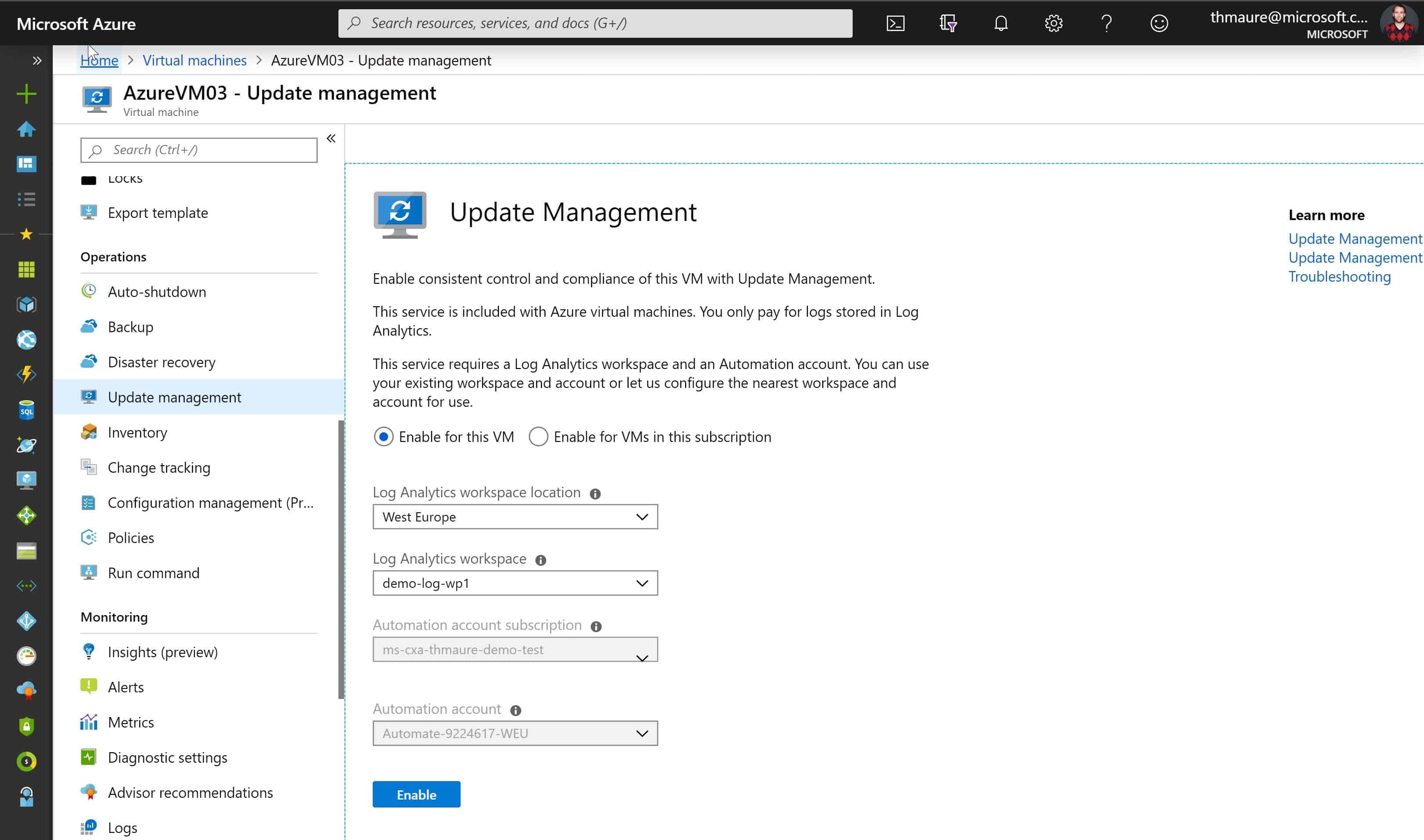 Azure IaaS VM enable Update Management