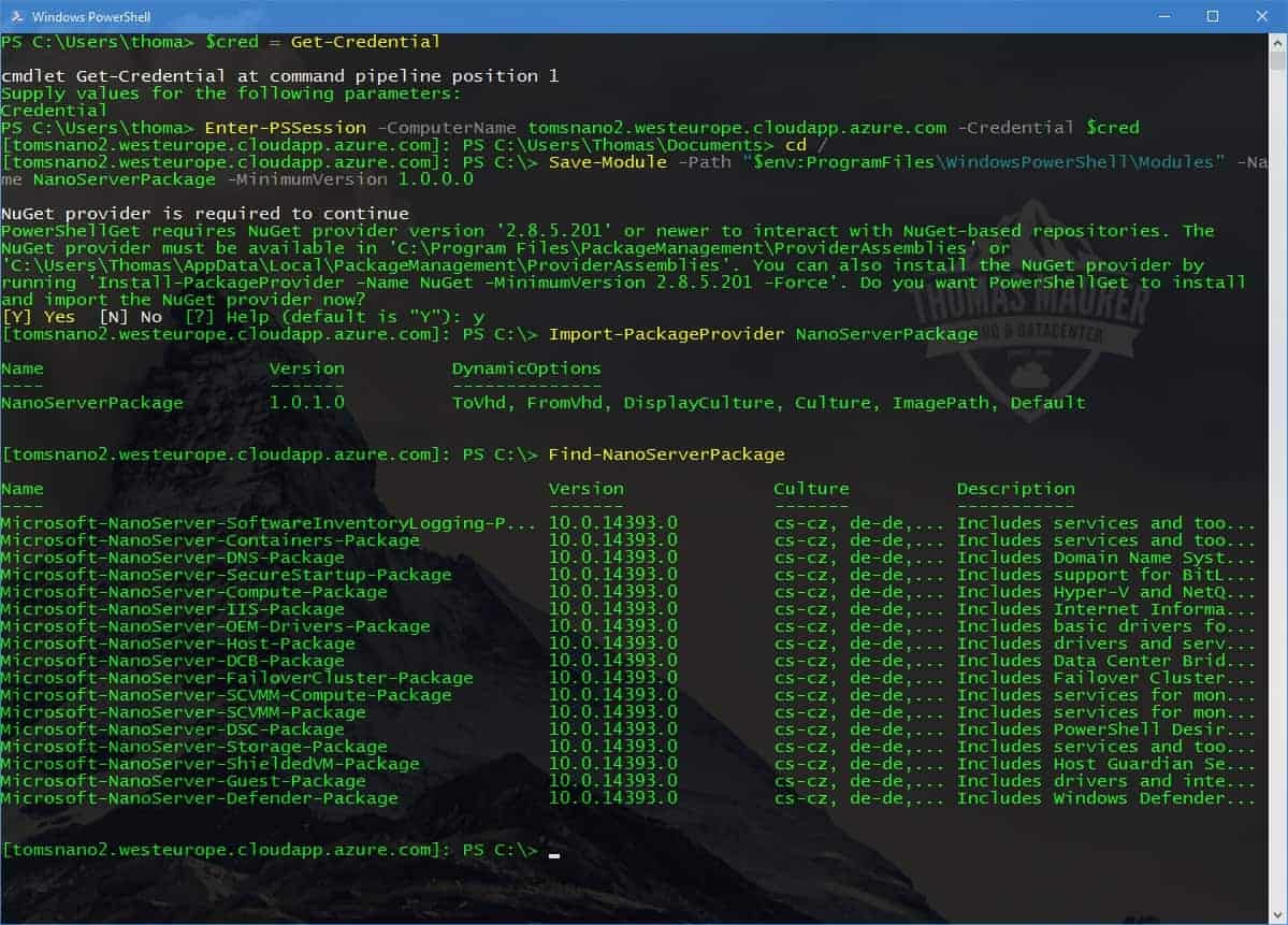 Azure Nano Server PowerShell Package Management