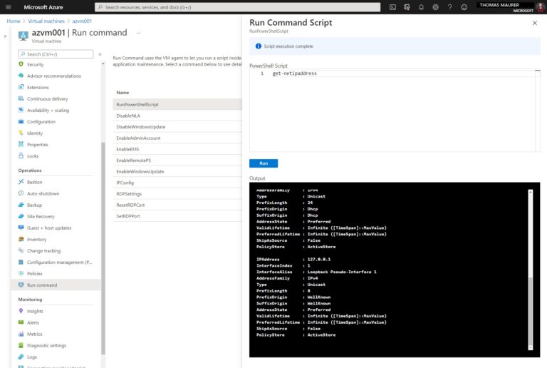 Azure VM Run Command in the Azure Portal