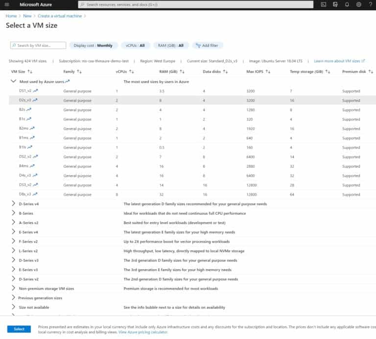 VM sizes in the Azure portal