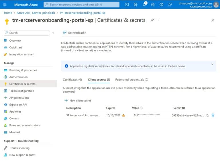 Check expire date for Azure Arc service principal