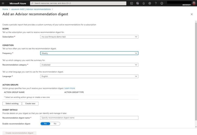 Azure Advisor recommendation digest