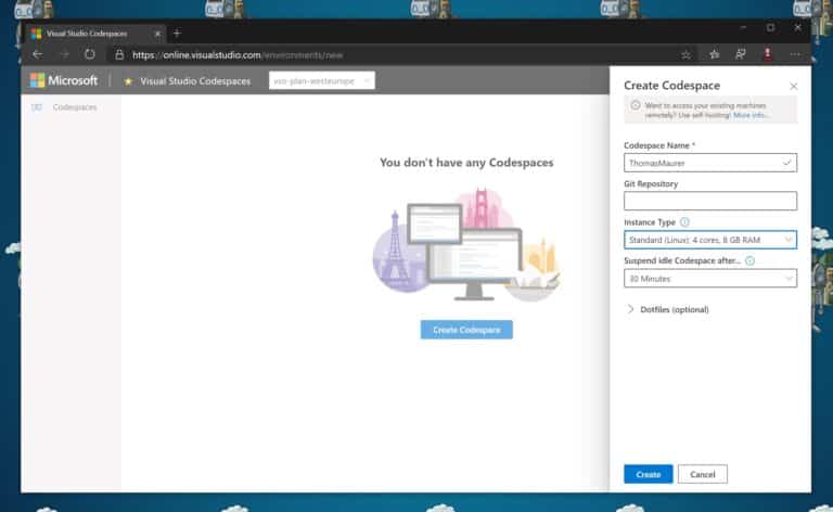 Create Visual Studio Codespace
