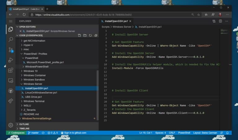 Edit PowerShell scripts remote online using Visual Studio Codespaces
