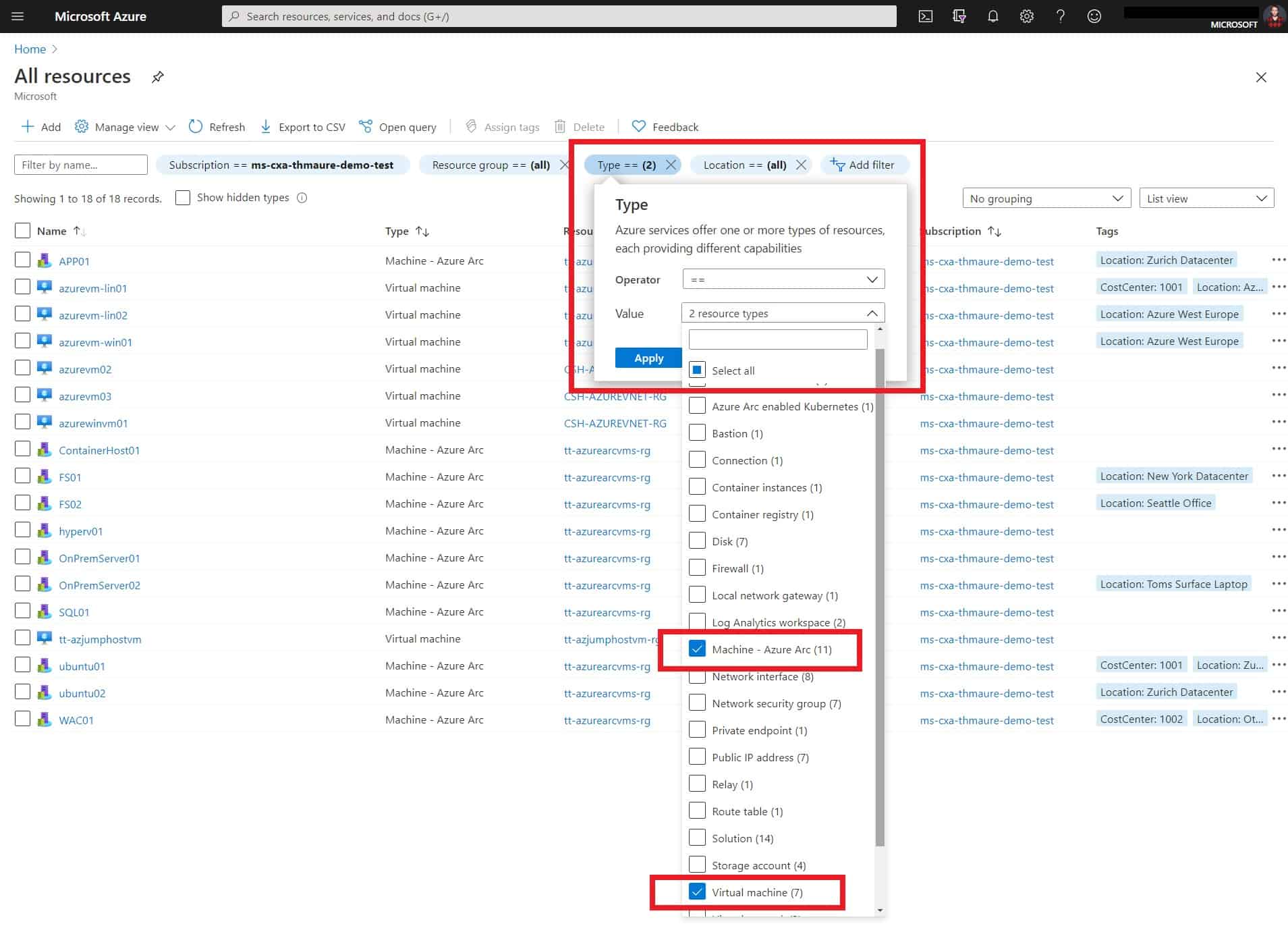 Filter for Azure VMs and Azure Arc Machines