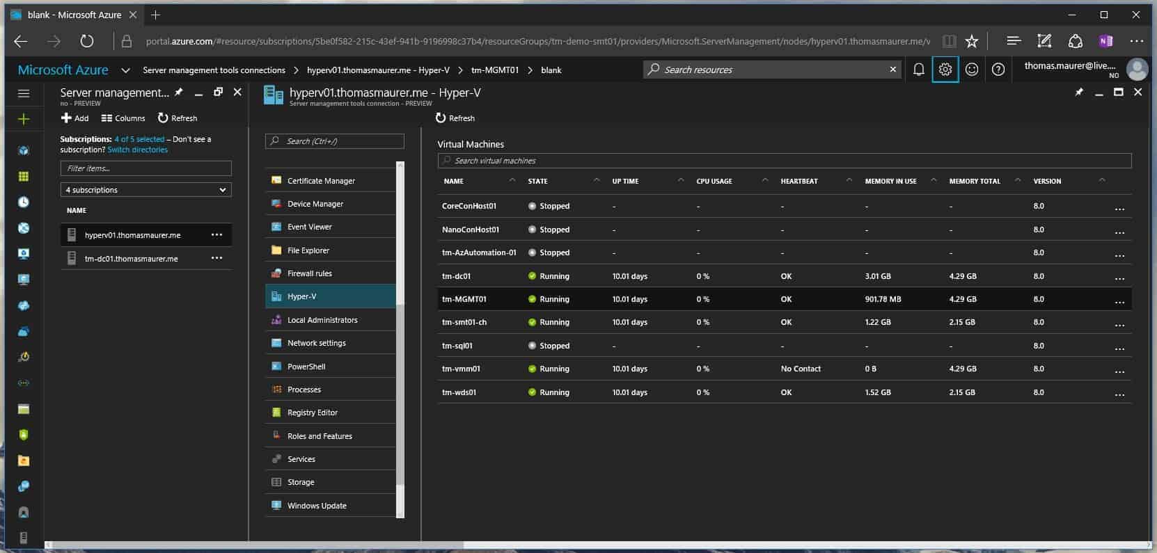 Hyper-V Manager ins Azure Server Management Tools SMT