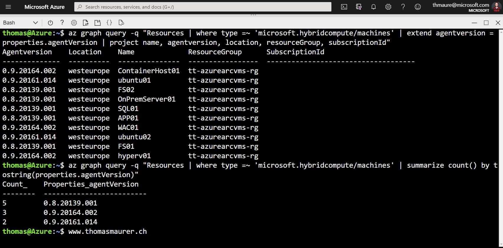 List Azure Arc Machines Agent Version in Azure Cloud Shell