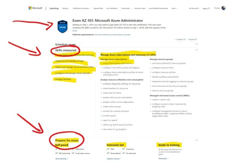 Microsoft Azure Exam Page - Skills measured and Prepare for exam