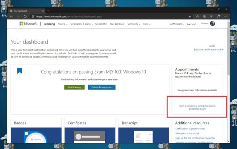 Microsoft Certification Dashboard - Start Online Exam