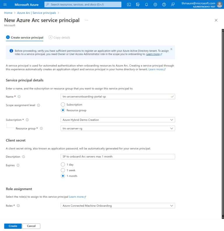 New Azure Arc service principal in the Azure portal with max expire date of 1 month