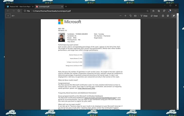 Passed Microsoft Online Exam Score Report