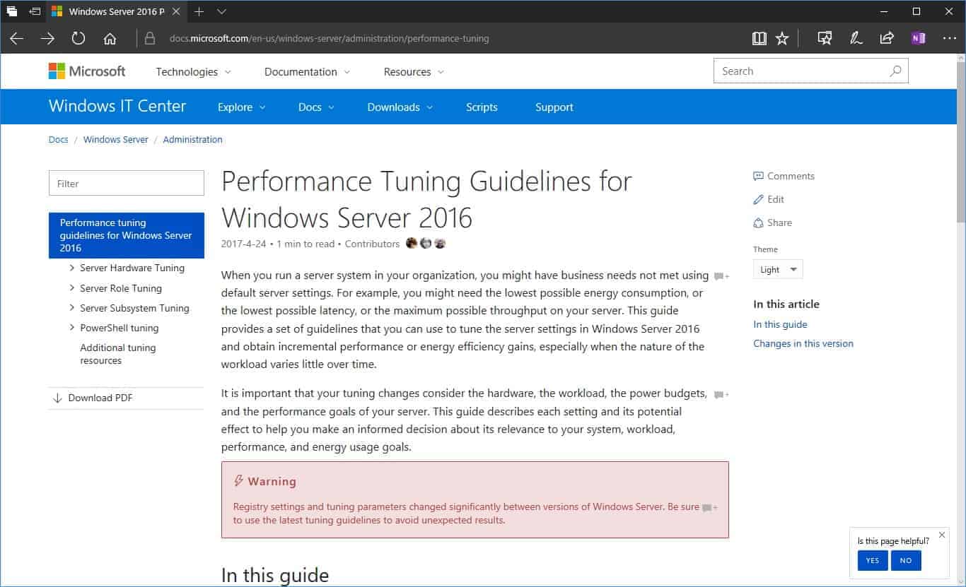 Performance Tuing Guidelines for Windows Server 2016