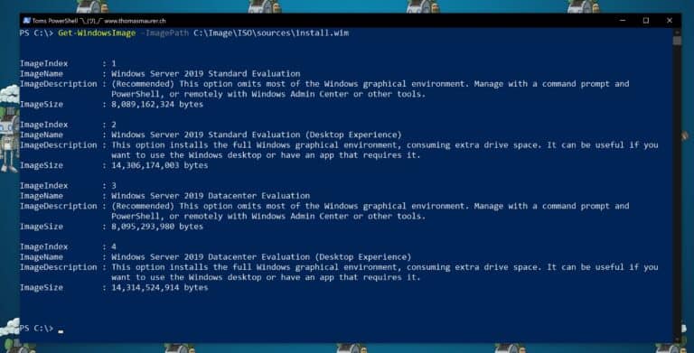 PowerShell Get-WindowsImage Windows Server 2019 Editions