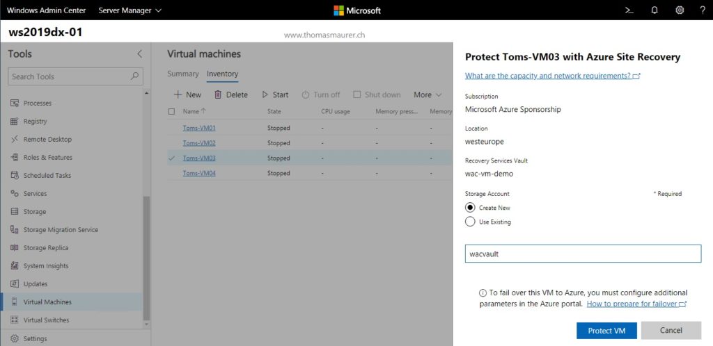 Protect VM with Azure Site Recovery ASR in WAC