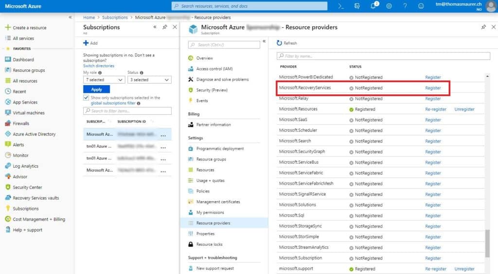 Register Azure Recovery Services Resource Provider