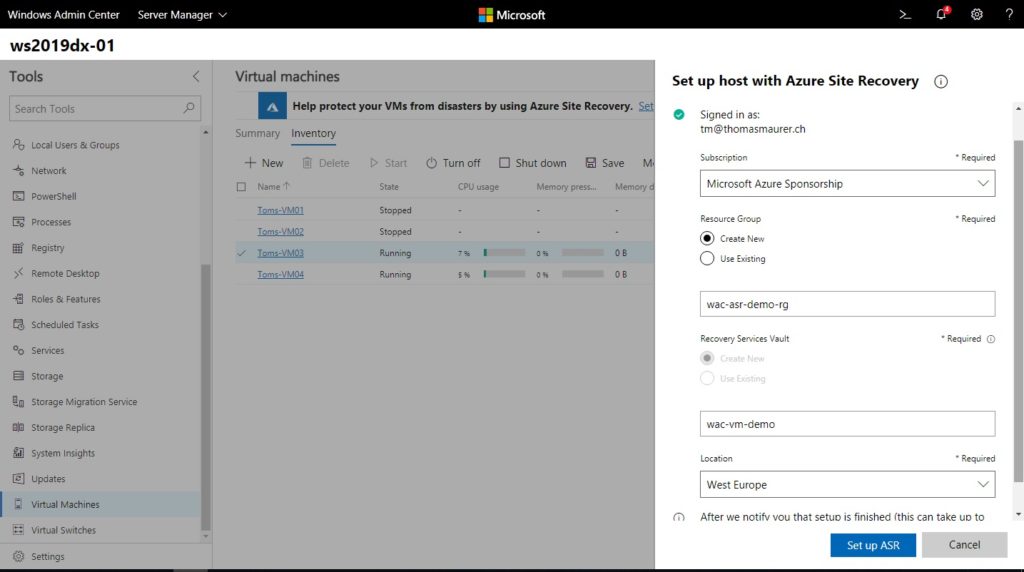 Setup up Hyper-V ASR Host with Windows Admin Cenetr