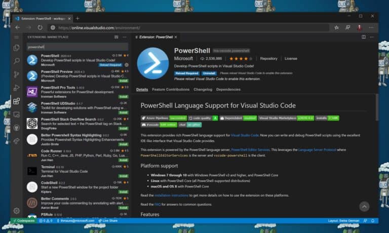 Visual Studio Codespaces PowerShell Extensions