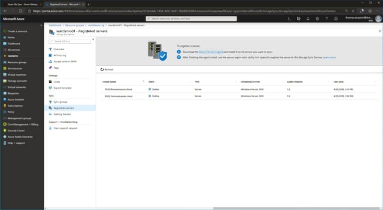 WAC Azure File Sync Registered Servers