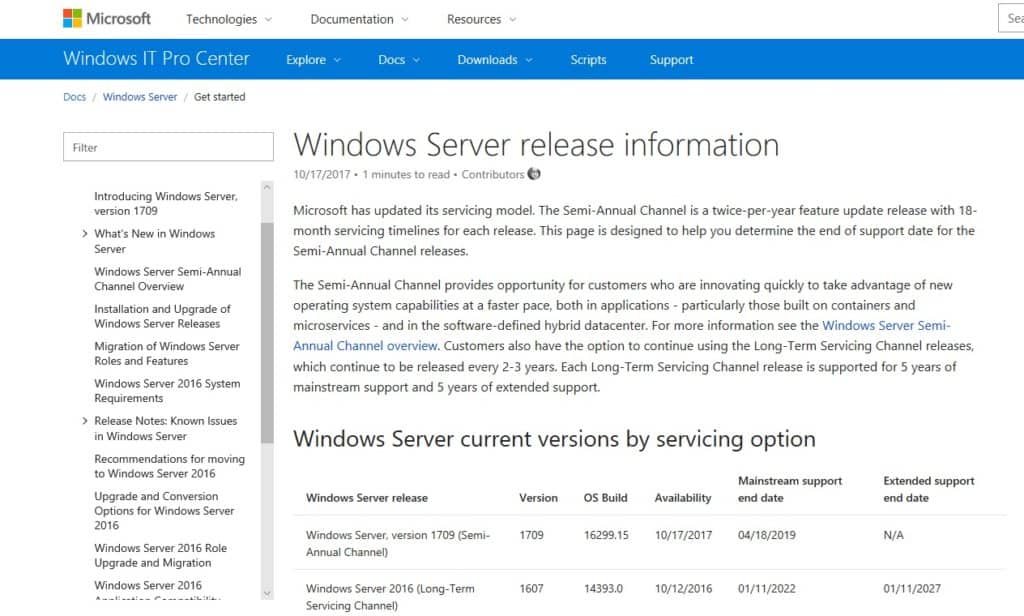 Windows Server current versions by servicing Overview