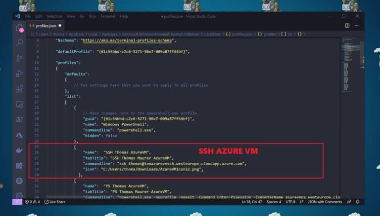 Windows Terminal Settings SSH Azure VM