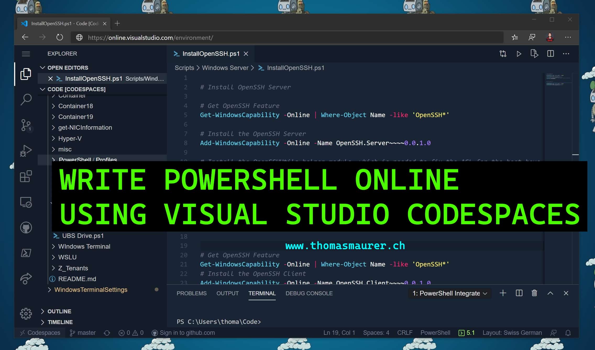 Write PowerShell Code Online in a web browser using Visual Studio Codespaces