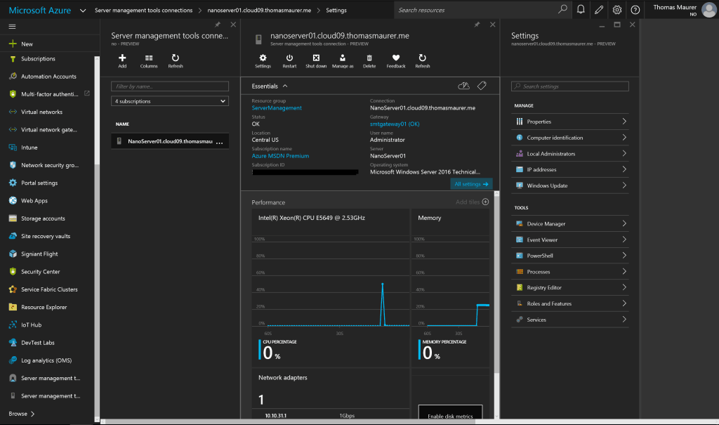 Azure Remote Server Management Nano Server