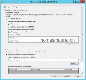 Hyper-V Replica Broker Cluster role settings