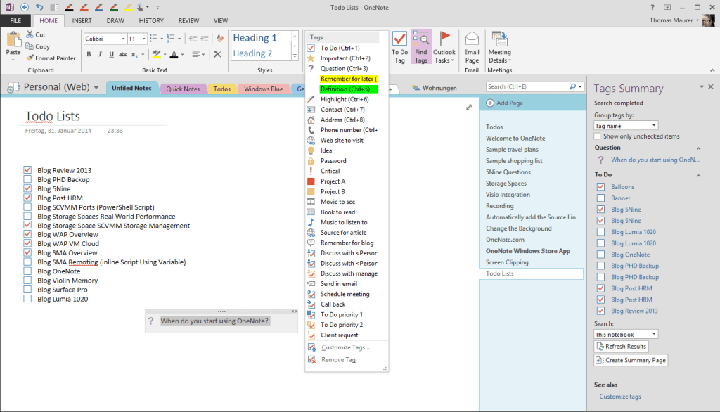 OneNote Tags