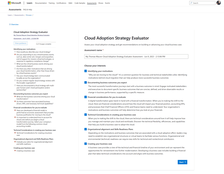 Starting a new assessment with the Cloud Adoption Strategy Evaluator