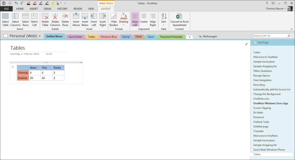 OneNote Tables