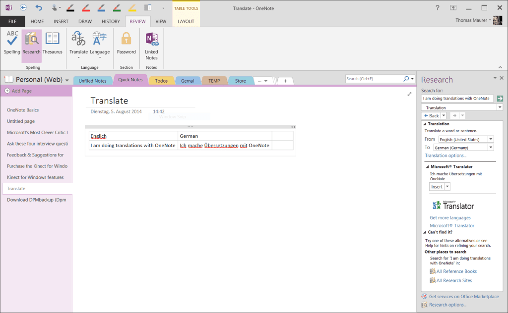 Translations with OneNote